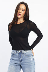 Black Sheer Top Long Sleeve Round Neck