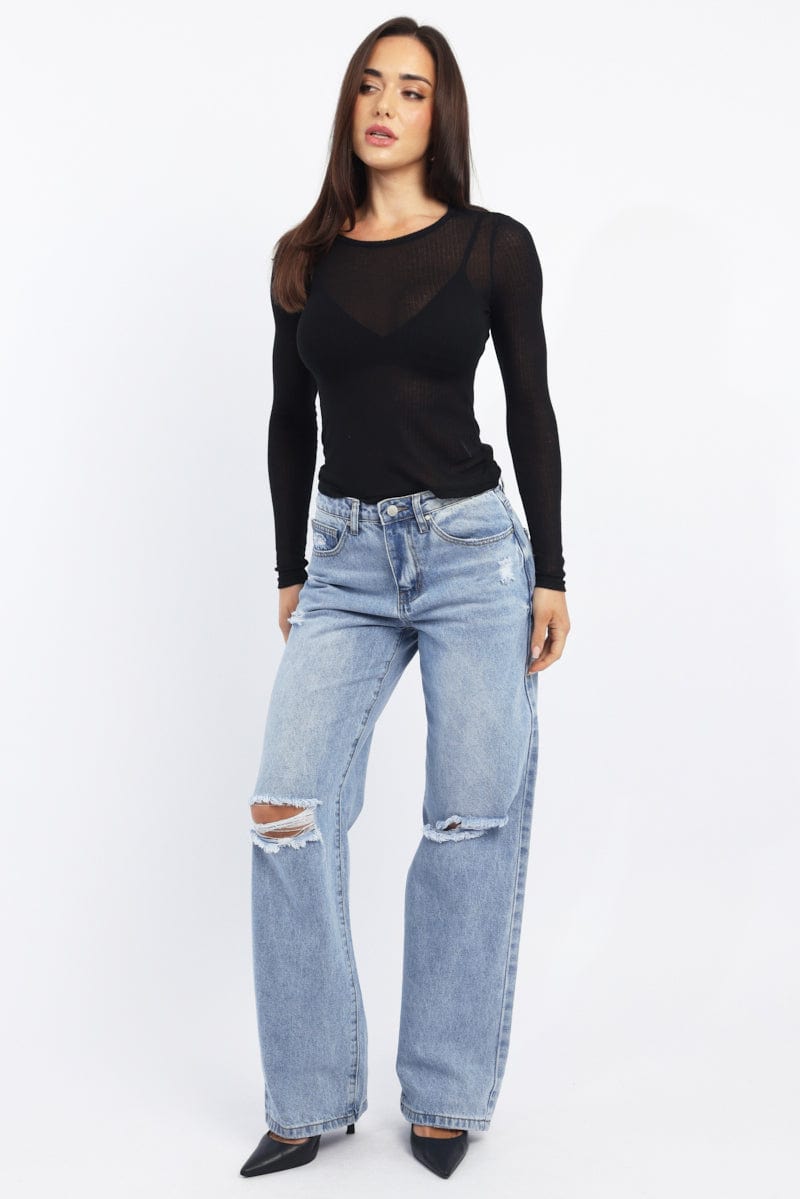 Black Sheer Top Long Sleeve Round Neck