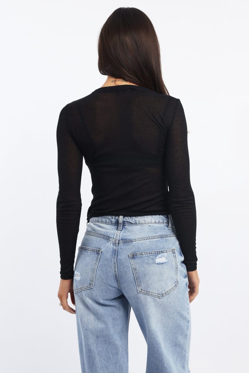 Black Sheer Top Long Sleeve Round Neck