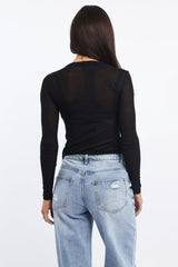 Black Sheer Top Long Sleeve Round Neck