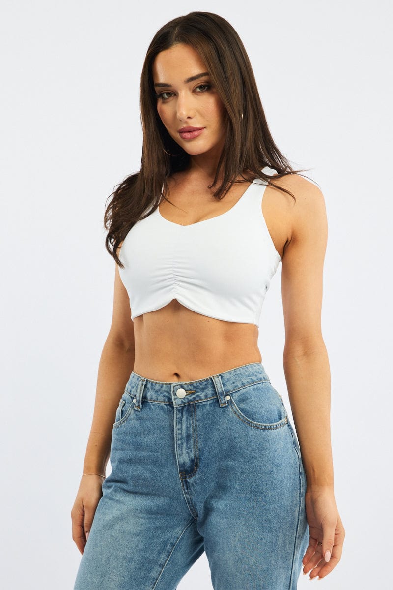 White Bralette Top Sleeveless V-neck Ruched