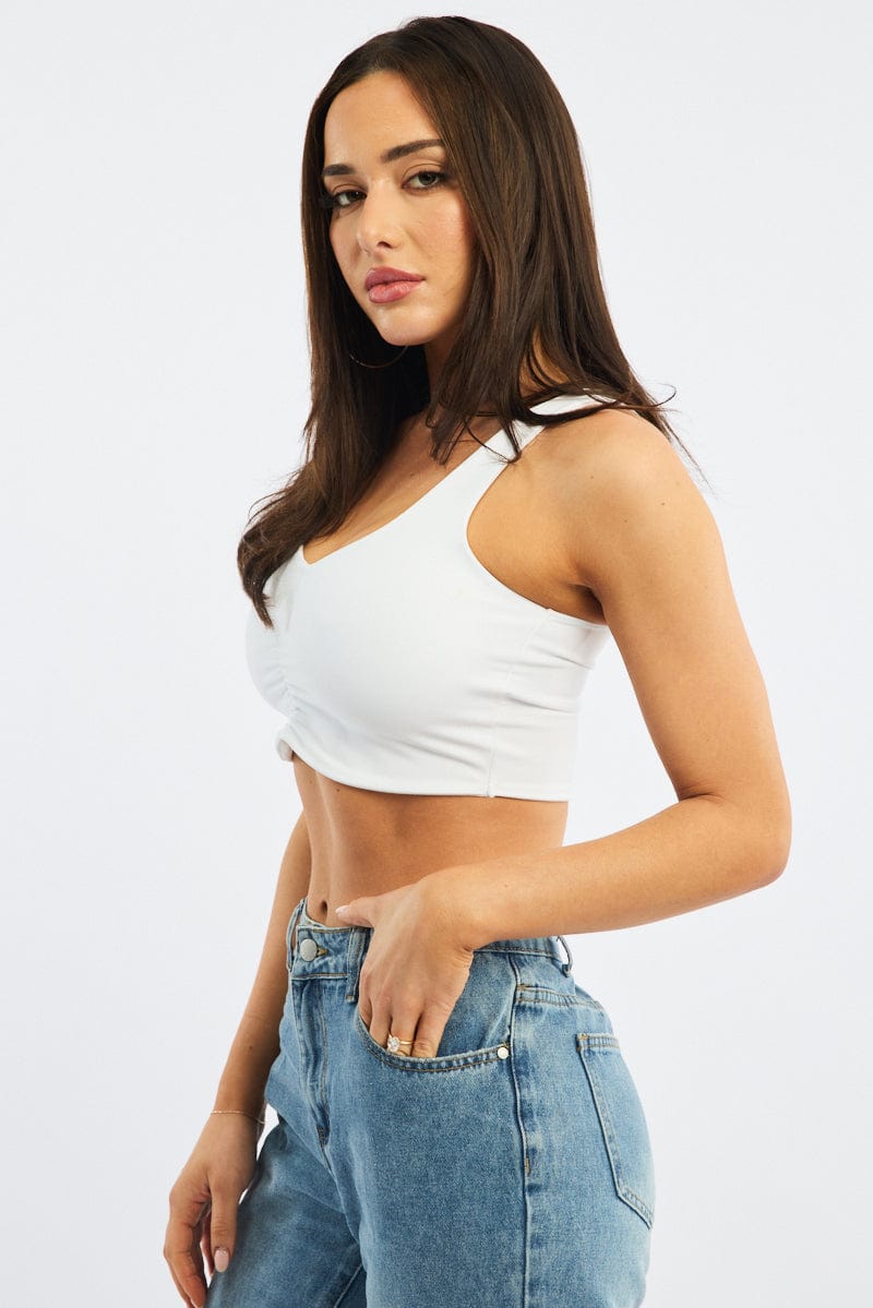 White Bralette Top Sleeveless V-neck Ruched