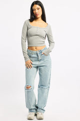 Grey Top Square Neck Long Sleeve