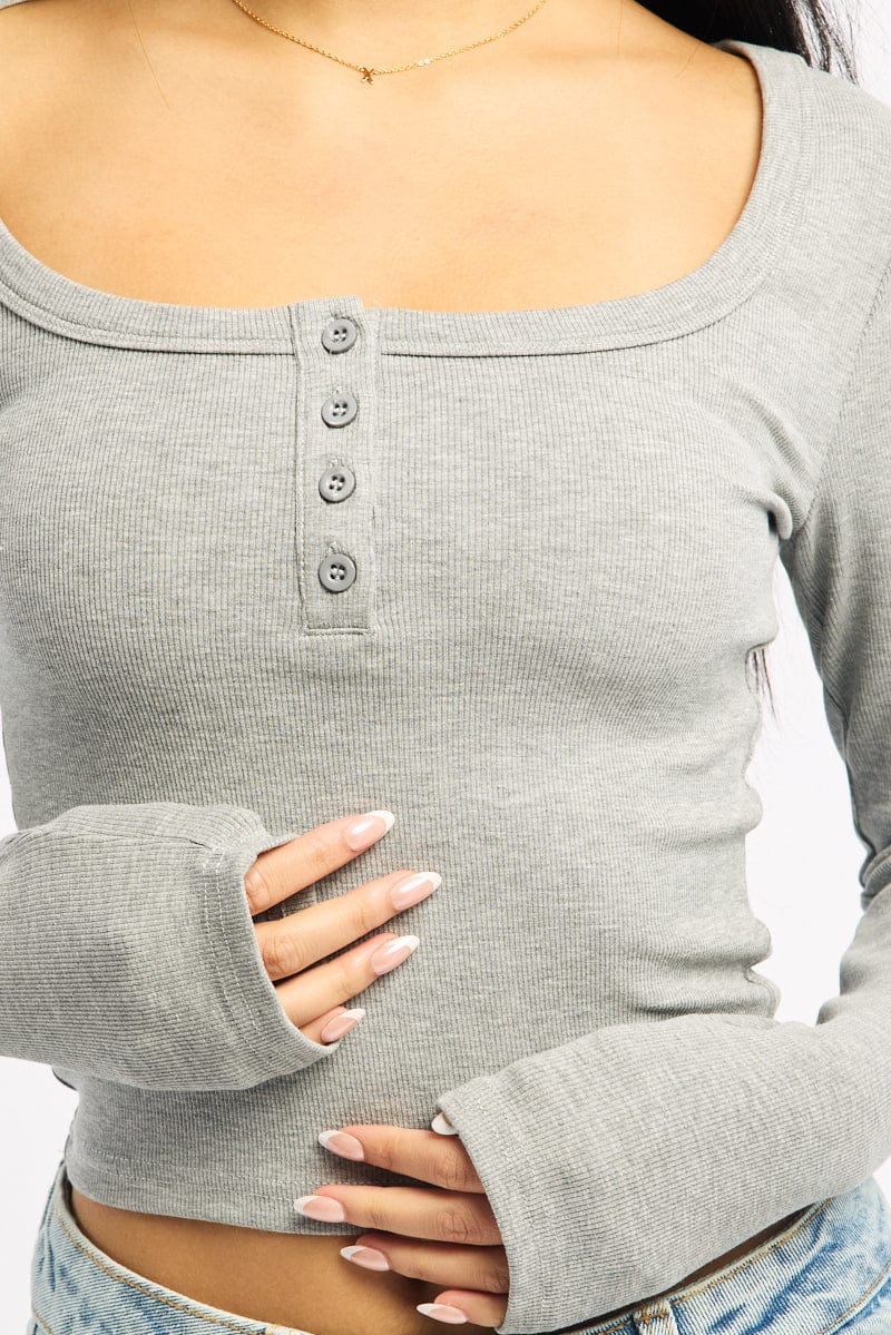 Grey Top Square Neck Long Sleeve