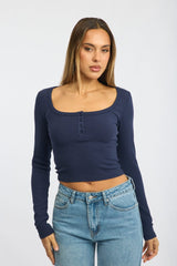 Blue Top Square Neck Long Sleeve