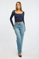 Blue Top Square Neck Long Sleeve