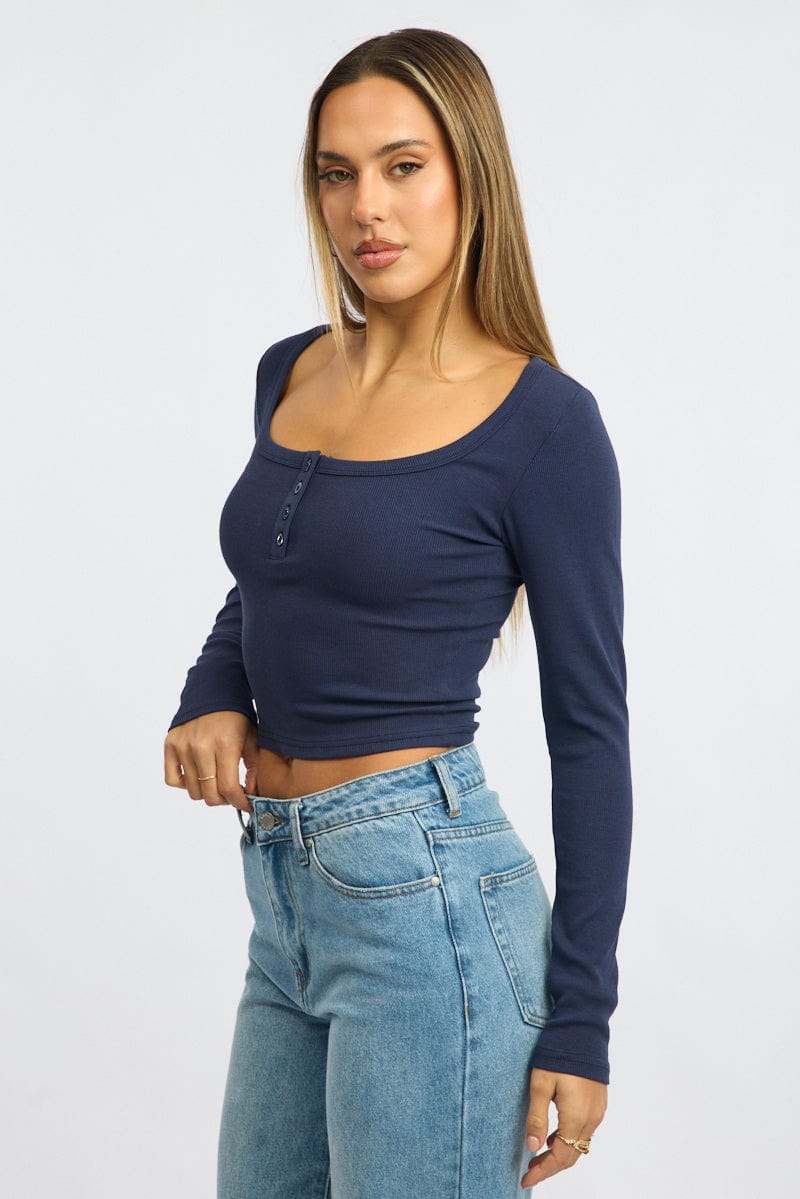 Blue Top Square Neck Long Sleeve