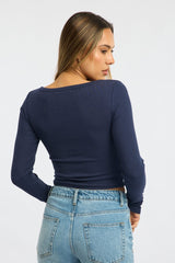 Blue Top Square Neck Long Sleeve