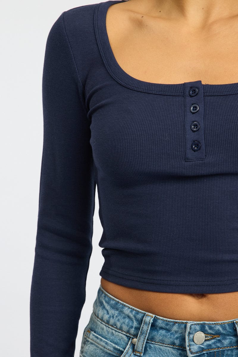 Blue Top Square Neck Long Sleeve