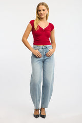Red T-shirt Short Sleeve V-neck Lace Trim