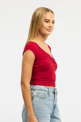 Red T-shirt Short Sleeve V-neck Lace Trim