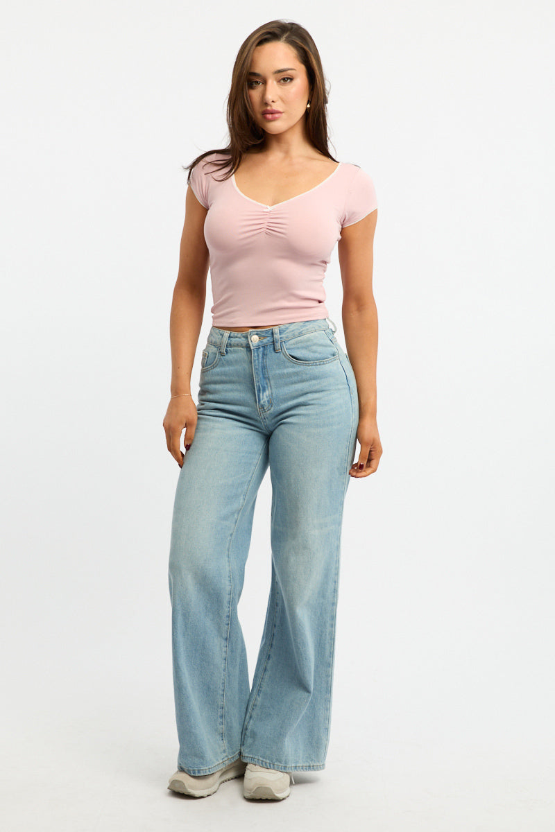 Pink T-shirt Short Sleeve V-neck Lace Trim