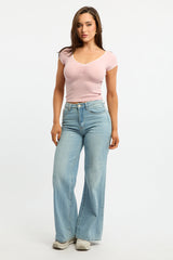Pink T-shirt Short Sleeve V-neck Lace Trim