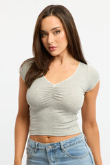 Grey T-shirt Short Sleeve V-neck Lace Trim