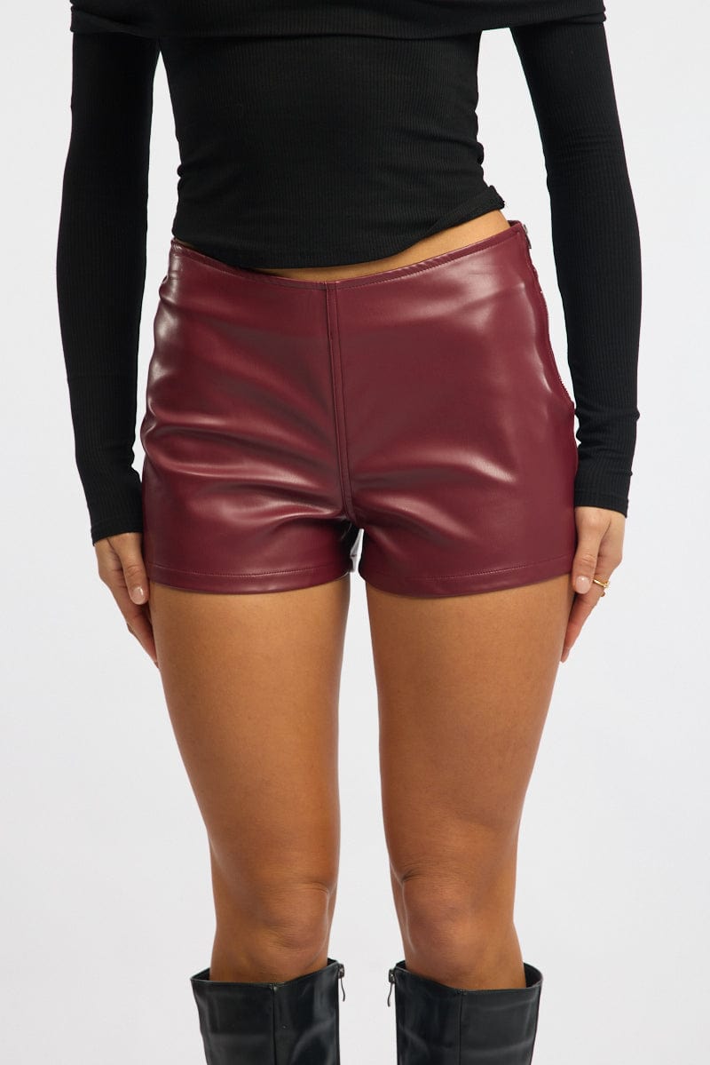 Red Low Rise Short Side Zipper Faux Leather