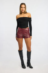 Red Low Rise Short Side Zipper Faux Leather