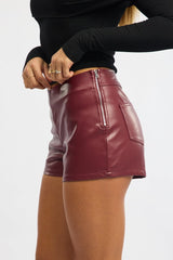 Red Low Rise Short Side Zipper Faux Leather