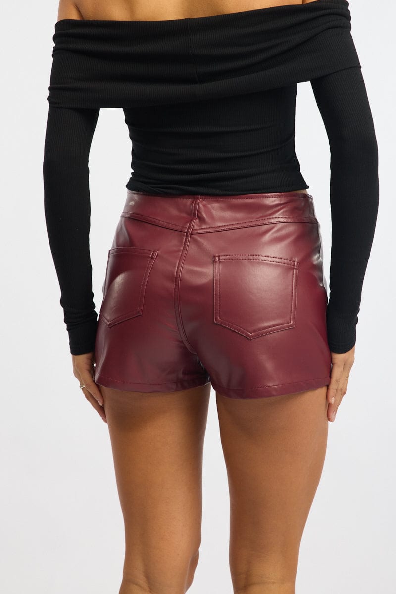 Red Low Rise Short Side Zipper Faux Leather