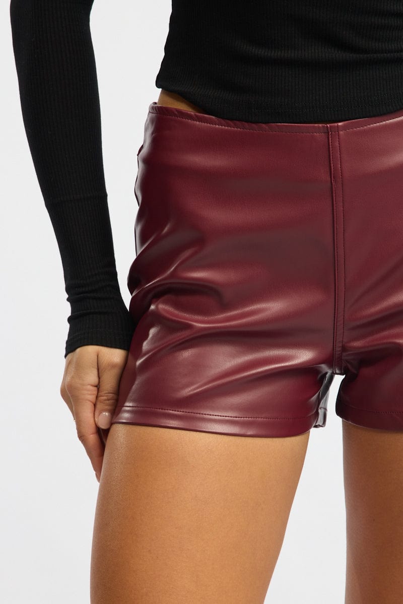 Red Low Rise Short Side Zipper Faux Leather