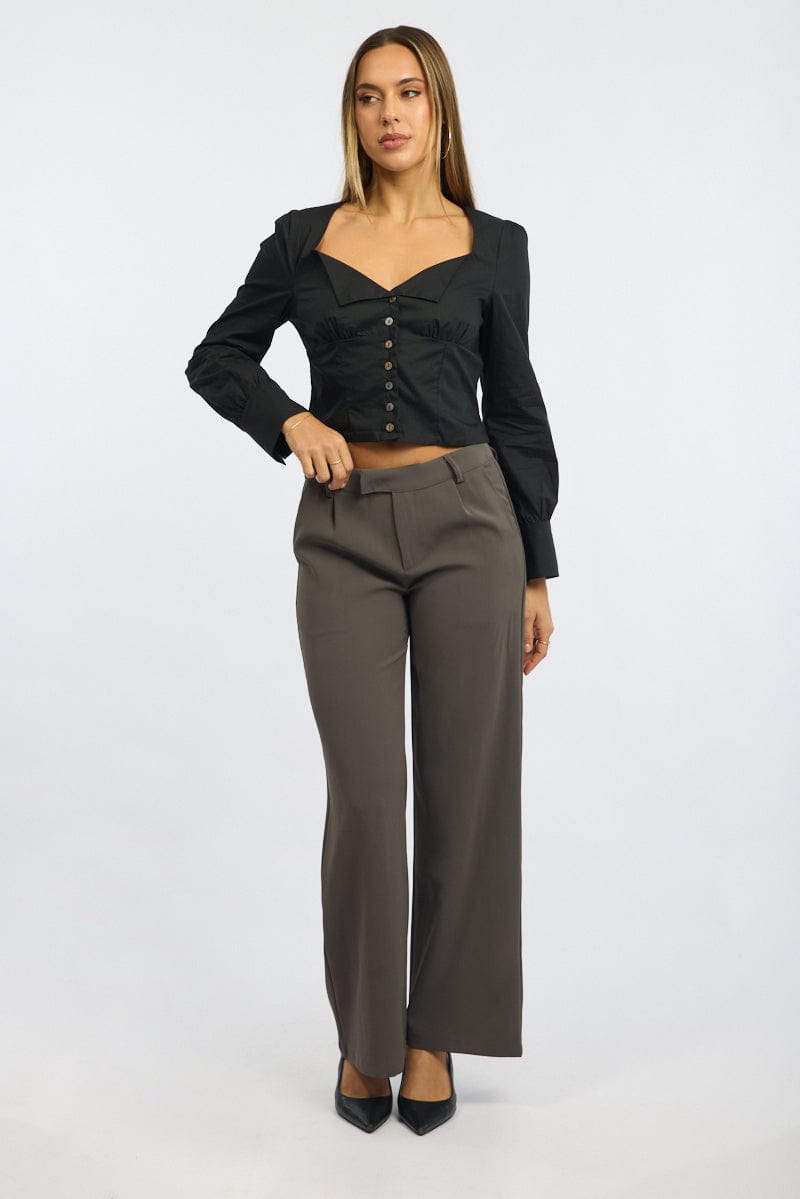 Grey Wide Leg Pants Mid Rise