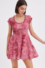 Red Paisley Mini Dress Short Sleeve Scoop Neck Fit & Flare