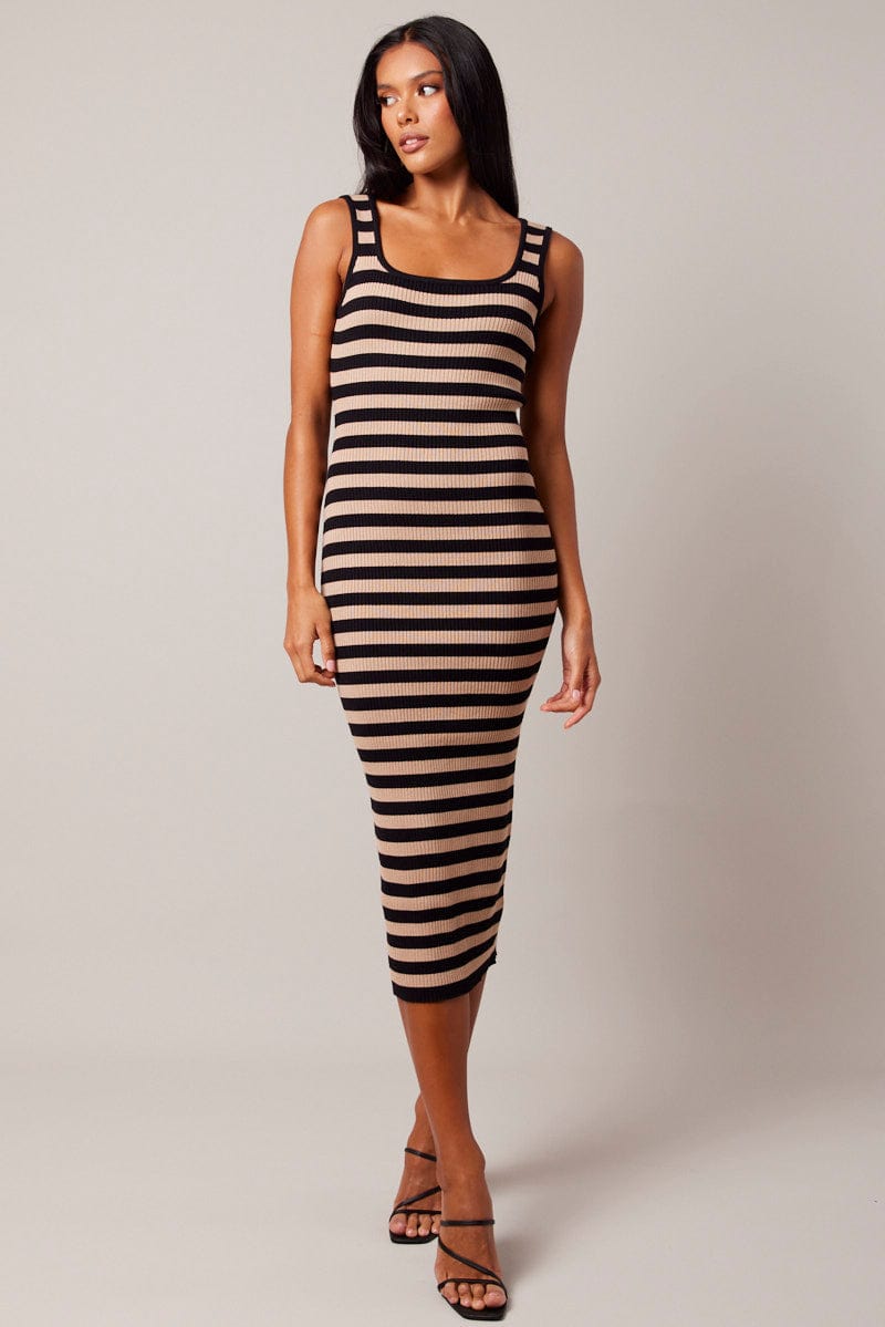 Beige Stripe Knit Midi Dress Sleeveless Scoop Neck Bodycon Rib