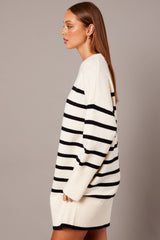 White Stripe Knit Dress Long Sleeve Crew Neck Oversized