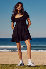 Black Fit And Flare Dress Puff Sleeve Mini