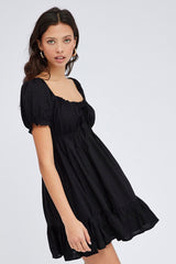 Black Fit And Flare Dress Puff Sleeve Mini