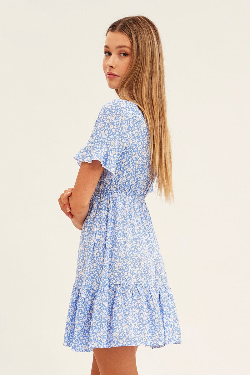 Blue Floral Tie Front Mini Skater Dress