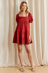 Brown Fit And Flare Dress Short Sleeve Square Neck