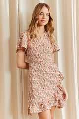 Print Mini Dress Short Sleeve V Neck