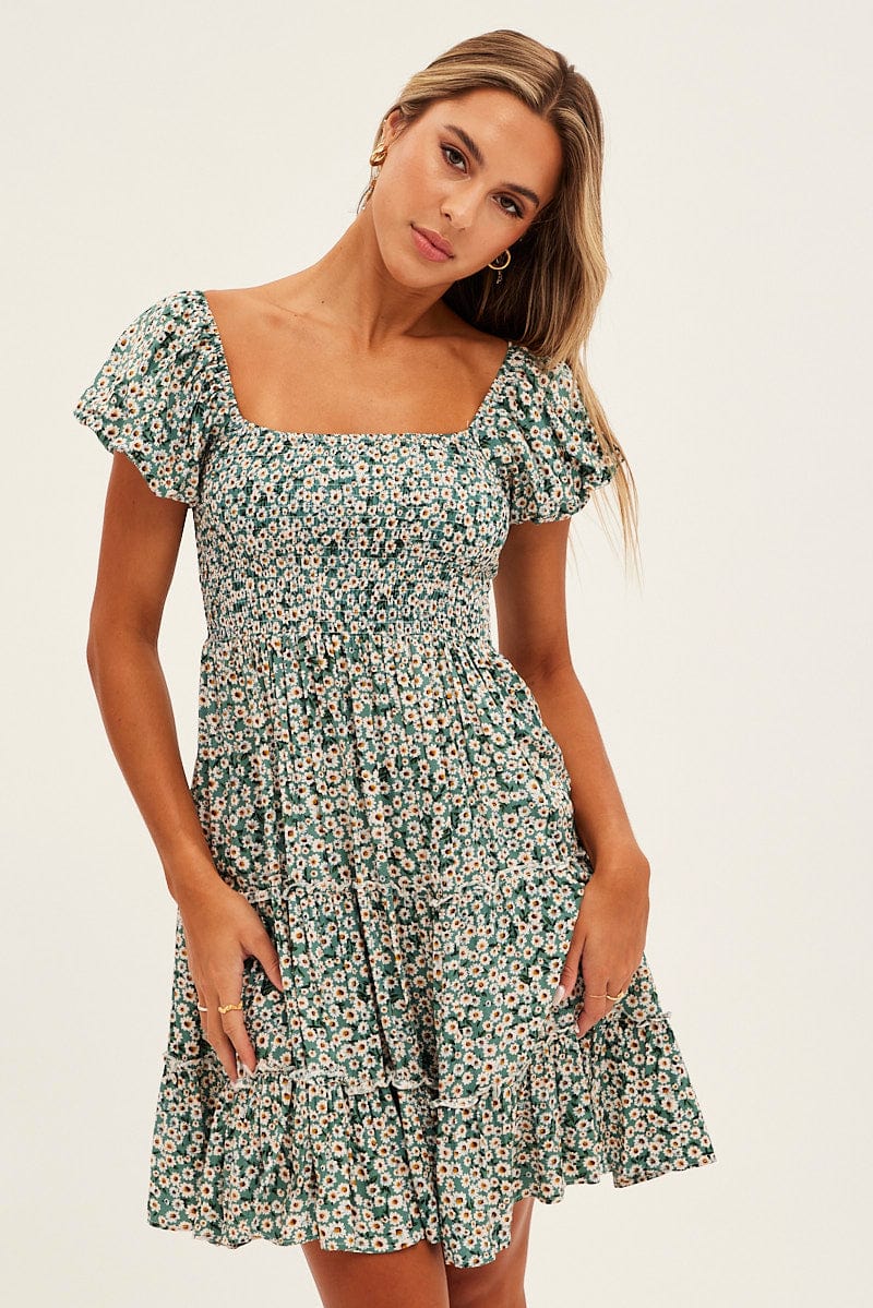 Green Floral Skater Dress