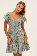 Green Floral Skater Dress