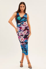 Blue Printed Dress Butterfly And Flower Ruched Bodycon
