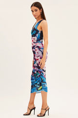 Blue Printed Dress Butterfly And Flower Ruched Bodycon