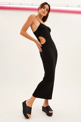 Black Ribbed Midi Dress Cutout