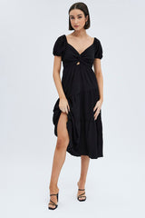 Black Midi Dress Short Sleeve Cut Out