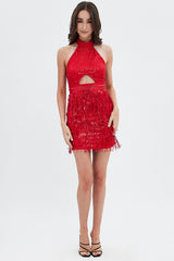 Red Party Bodycon Halter Mini Dress Tassels