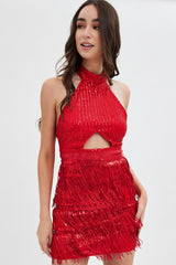 Red Party Bodycon Halter Mini Dress Tassels