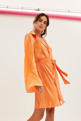 Orange Plisse Shirt Dress Front Button