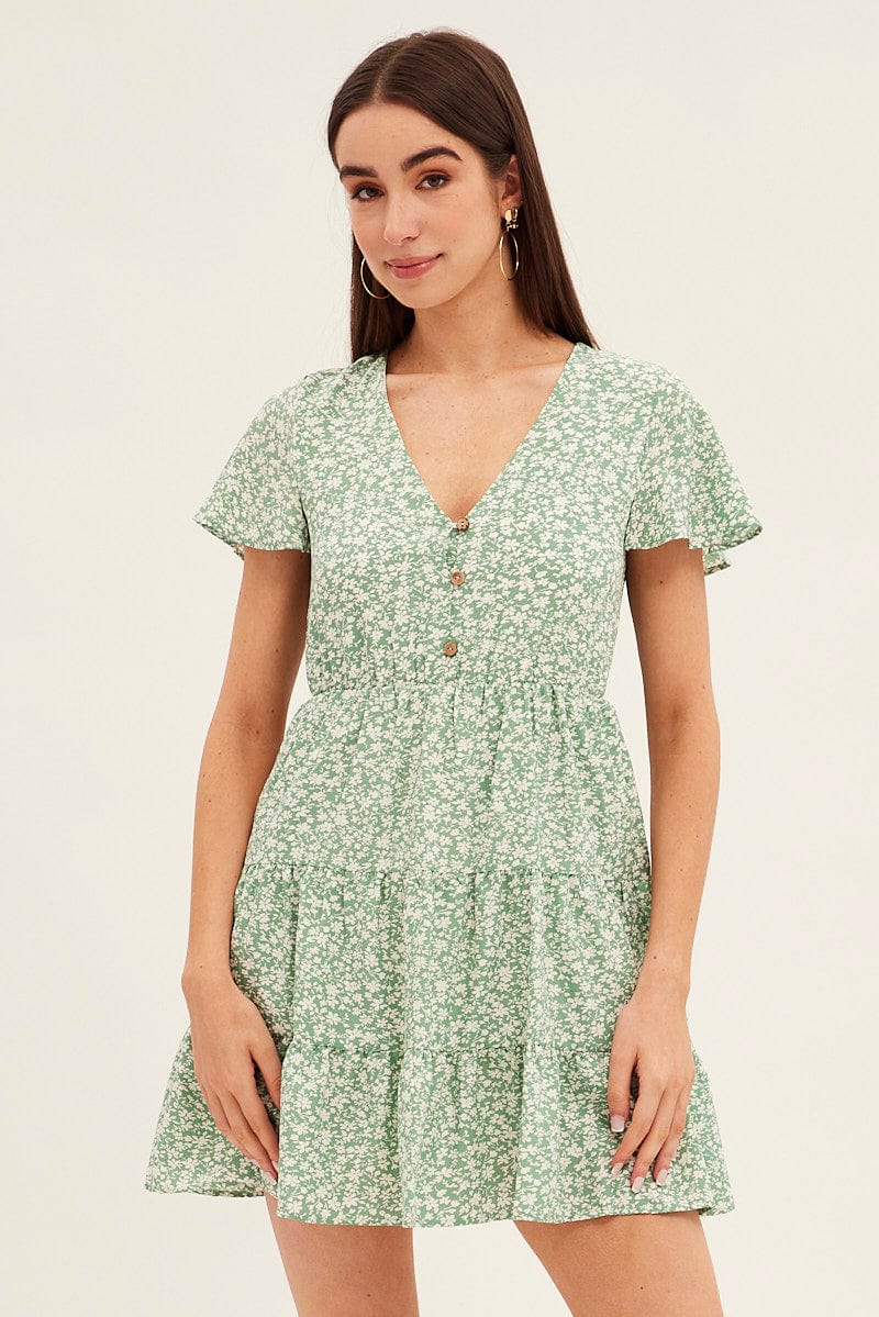 Green Floral Button Front Short Sleeve Mini Skater Dress
