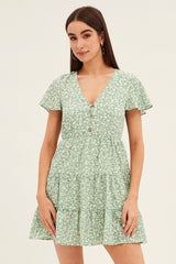 Green Floral Button Front Short Sleeve Mini Skater Dress
