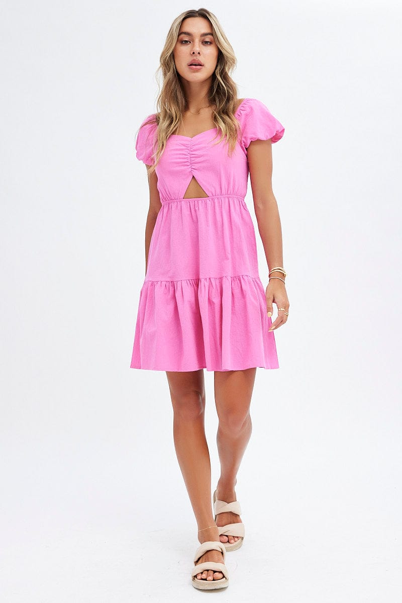 Pink Puff Sleeve Cut Out Skater Dress