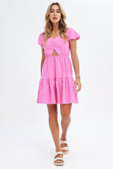 Pink Puff Sleeve Cut Out Skater Dress