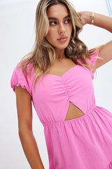 Pink Puff Sleeve Cut Out Skater Dress