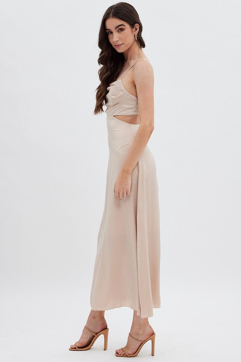 Beige Midi Dress Evening Cowl Neck