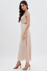 Beige Midi Dress Evening Cowl Neck