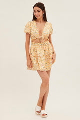 Yellow Print Cutout Skater Dress