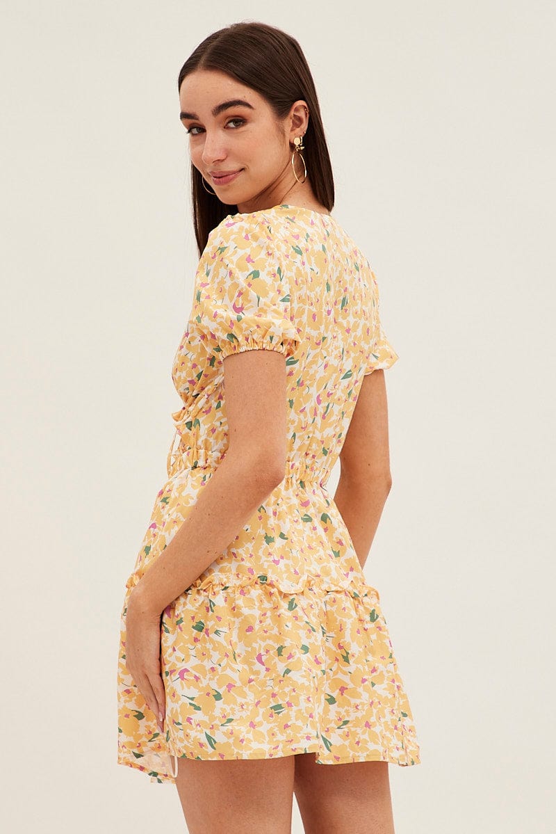 Yellow Print Cutout Skater Dress